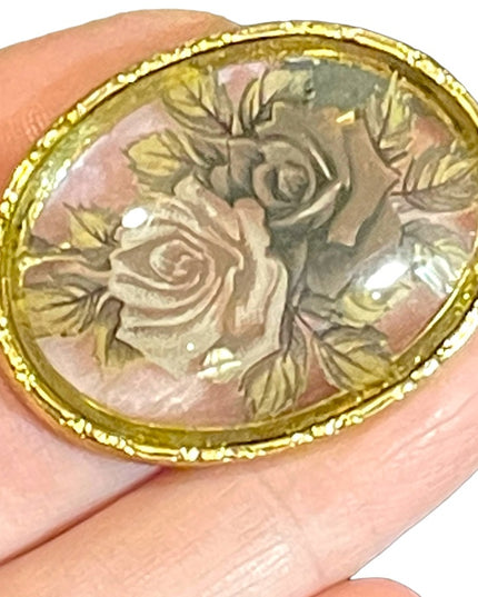 Vintage ornate gold finish flower glass cameo translucent brooch cameo