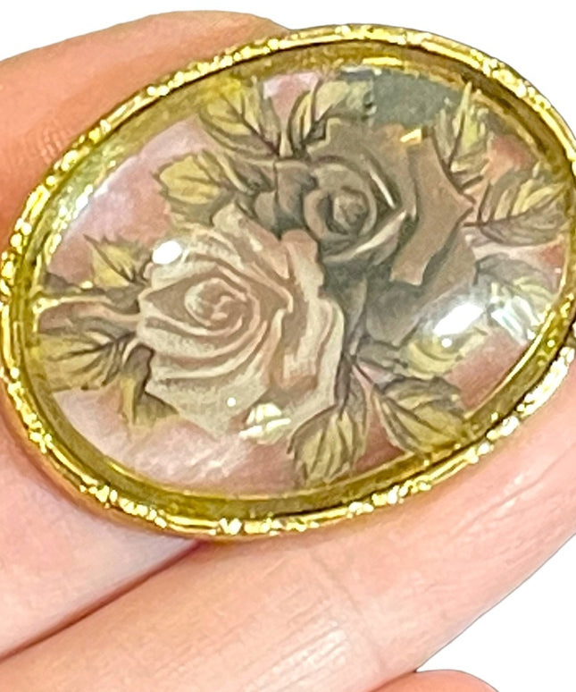 Vintage ornate gold finish flower glass cameo translucent brooch cameo
