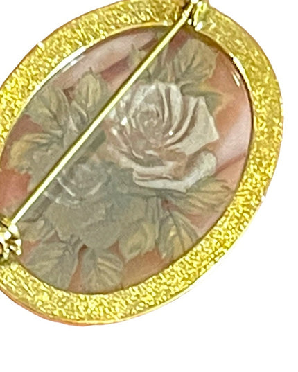 Vintage ornate gold finish flower glass cameo translucent brooch cameo