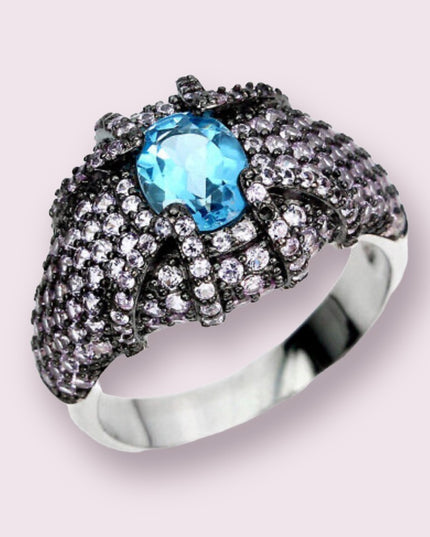 Oval Swiss Blue Topaz 8x6mm Pink Sapphire Diamond Cut 925 Sterling Silver Ring