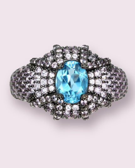 Oval Swiss Blue Topaz 8x6mm Pink Sapphire Diamond Cut 925 Sterling Silver Ring