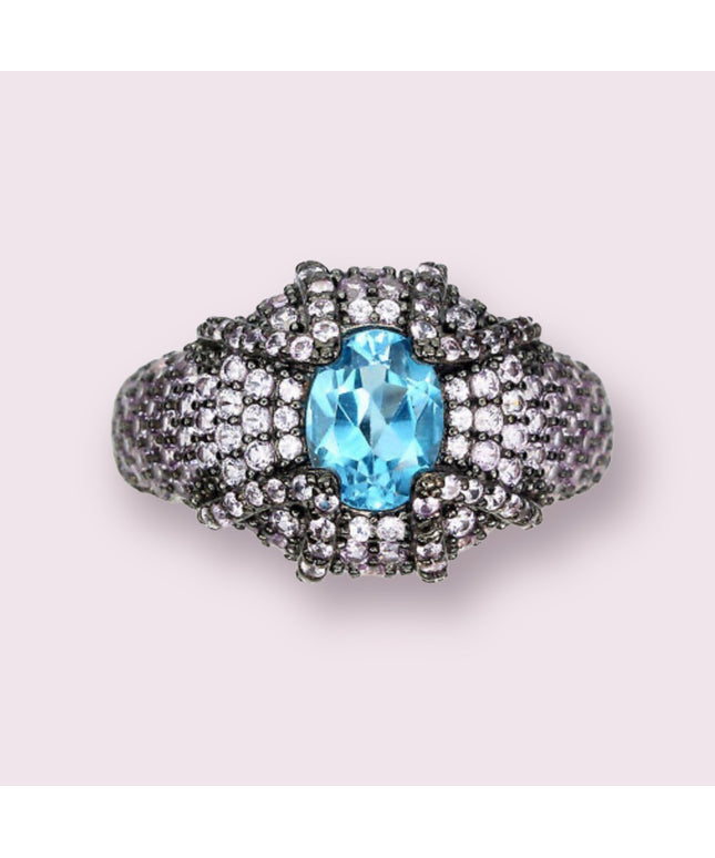Oval Swiss Blue Topaz 8x6mm Pink Sapphire Diamond Cut 925 Sterling Silver Ring