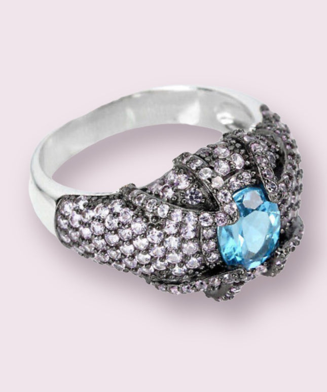 Oval Swiss Blue Topaz 8x6mm Pink Sapphire Diamond Cut 925 Sterling Silver Ring