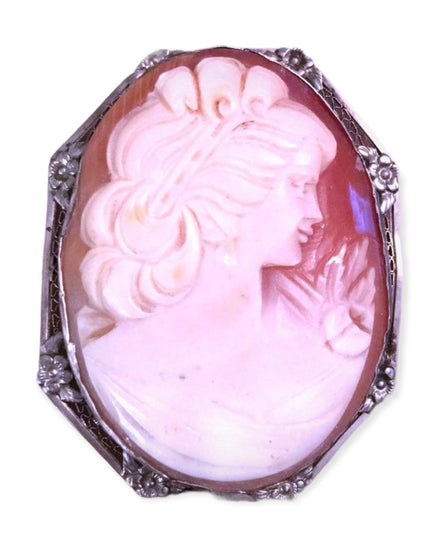 Antique 12k WG Ornate Shell Cameo Large Beauty carved handmade Victorian