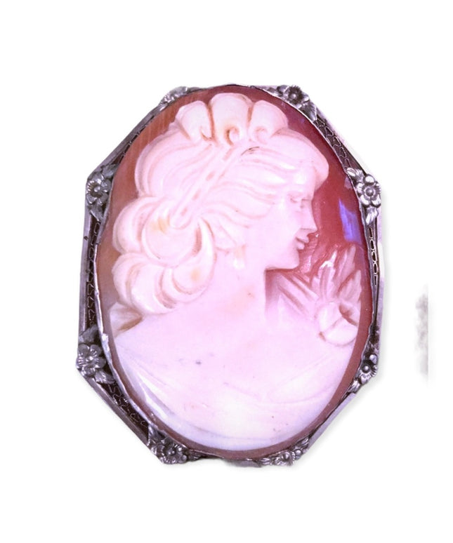 Antique 12k WG Ornate Shell Cameo Large Beauty carved handmade Victorian