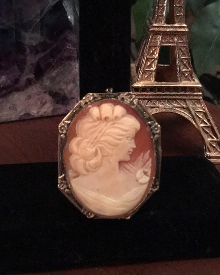 Antique 12k WG Ornate Shell Cameo Large Beauty carved handmade Victorian