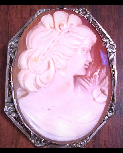 Antique 12k WG Ornate Shell Cameo Large Beauty carved handmade Victorian