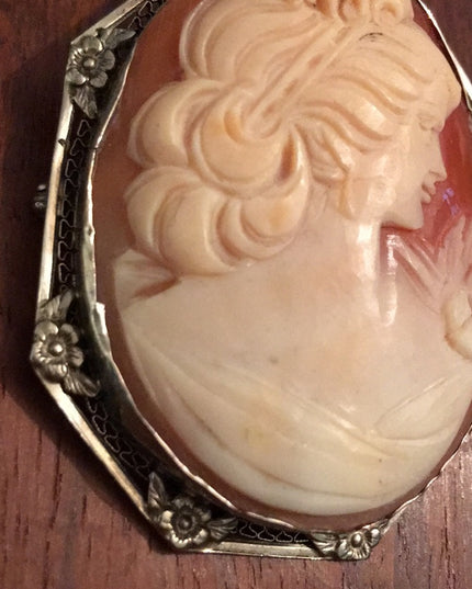 Antique 12k WG Ornate Shell Cameo Large Beauty carved handmade Victorian