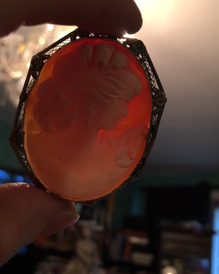 Antique 12k WG Ornate Shell Cameo Large Beauty carved handmade Victorian