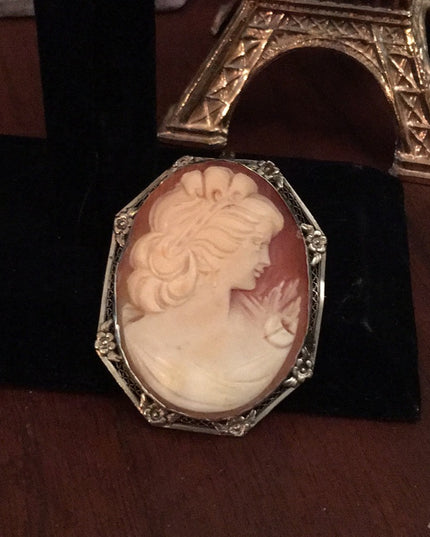Antique 12k WG Ornate Shell Cameo Large Beauty carved handmade Victorian