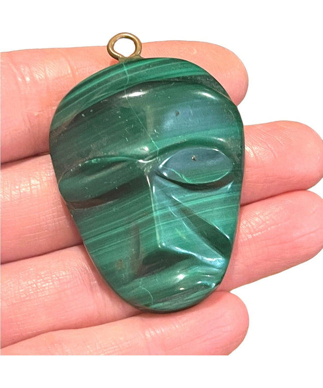 Antique Finely Carved Mexico Mask Malachite Pendant Tribal Heavy stone