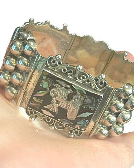 Vintage 1930s Abalone Inlay Warrior Sterling silver Mexico bracelet Aztec heavy