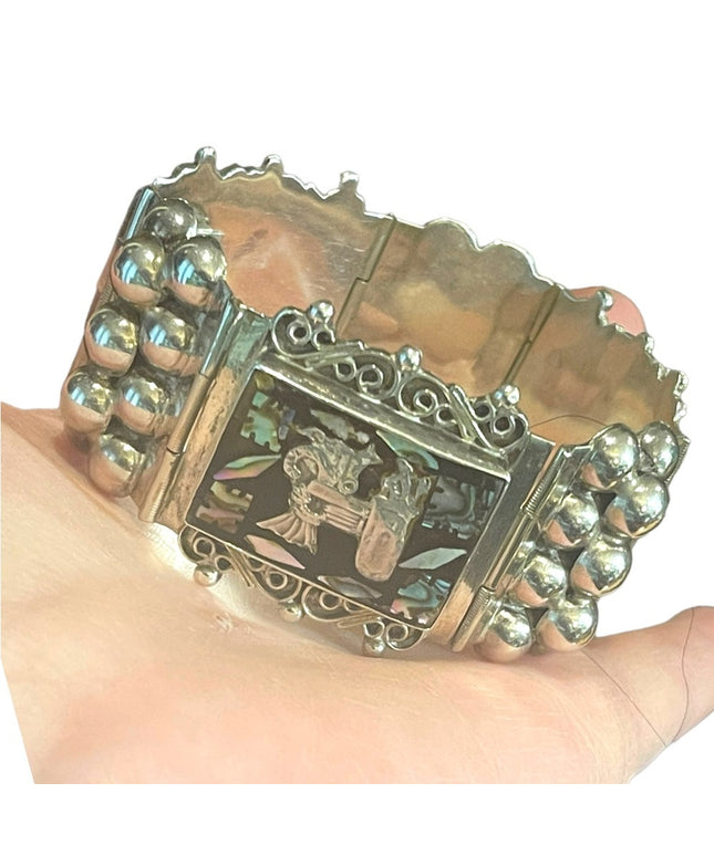 Vintage 1930s Abalone Inlay Warrior Sterling silver Mexico bracelet Aztec heavy