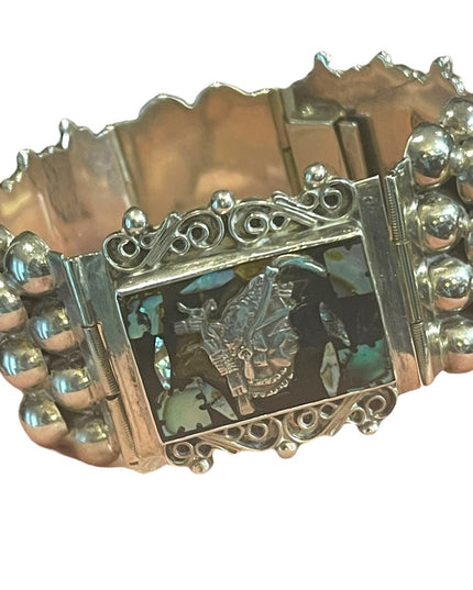 Vintage 1930s Abalone Inlay Warrior Sterling silver Mexico bracelet Aztec heavy