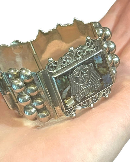 Vintage 1930s Abalone Inlay Warrior Sterling silver Mexico bracelet Aztec heavy