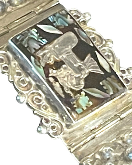 Vintage 1930s Abalone Inlay Warrior Sterling silver Mexico bracelet Aztec heavy