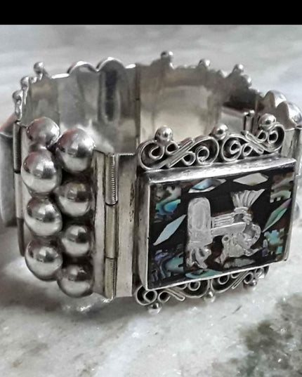 Vintage 1930s Abalone Inlay Warrior Sterling silver Mexico bracelet Aztec heavy