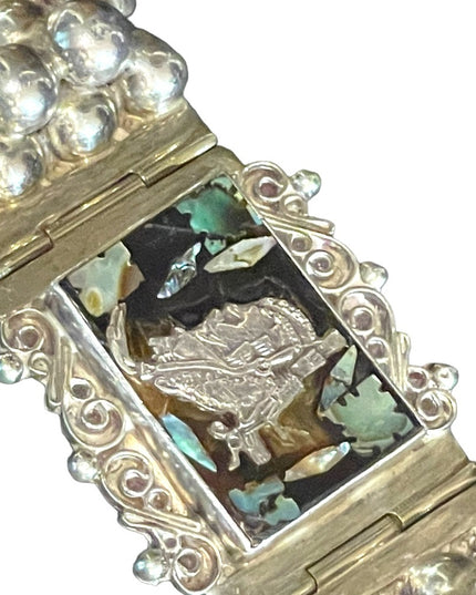 Vintage 1930s Abalone Inlay Warrior Sterling silver Mexico bracelet Aztec heavy
