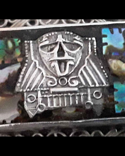 Vintage 1930s Abalone Inlay Warrior Sterling silver Mexico bracelet Aztec heavy
