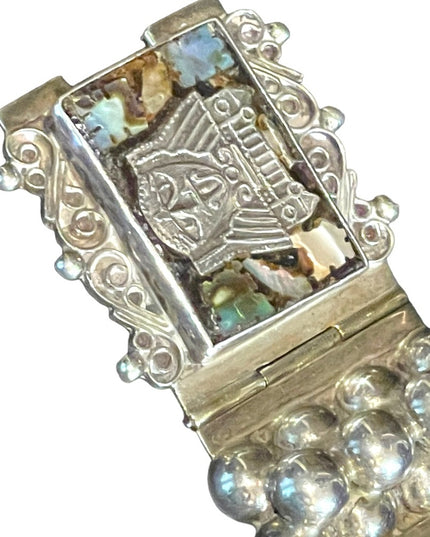 Vintage 1930s Abalone Inlay Warrior Sterling silver Mexico bracelet Aztec heavy