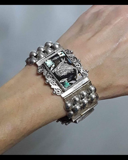 Vintage 1930s Abalone Inlay Warrior Sterling silver Mexico bracelet Aztec heavy