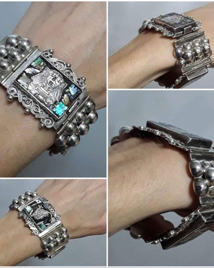 Vintage 1930s Abalone Inlay Warrior Sterling silver Mexico bracelet Aztec heavy