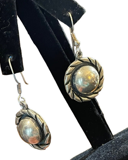 Vintage Solid ornate Sterling silver 925 Mexico dangle half ball rope earrings