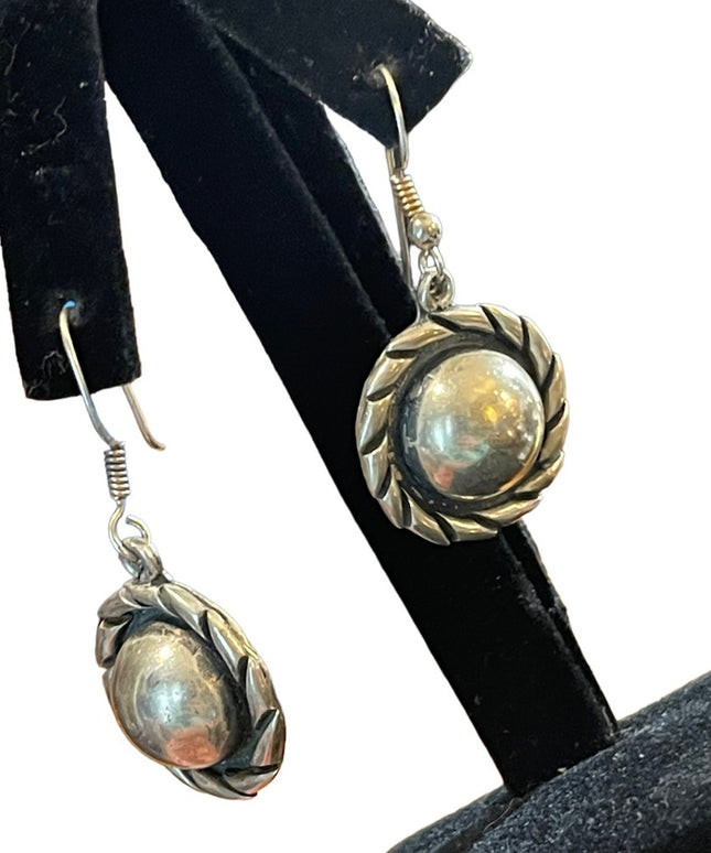 Vintage Solid ornate Sterling silver 925 Mexico dangle half ball rope earrings