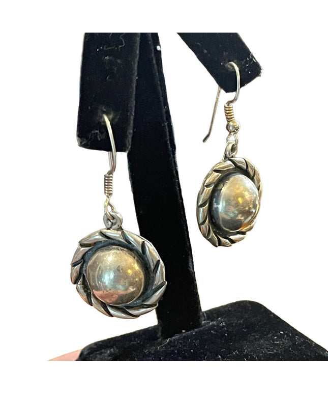 Vintage Solid ornate Sterling silver 925 Mexico dangle half ball rope earrings