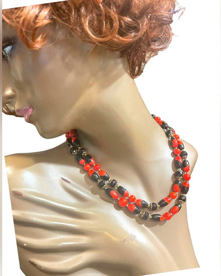 Vintage 1950s Heavy Italian Murano red black bead necklace 2 strand sterling