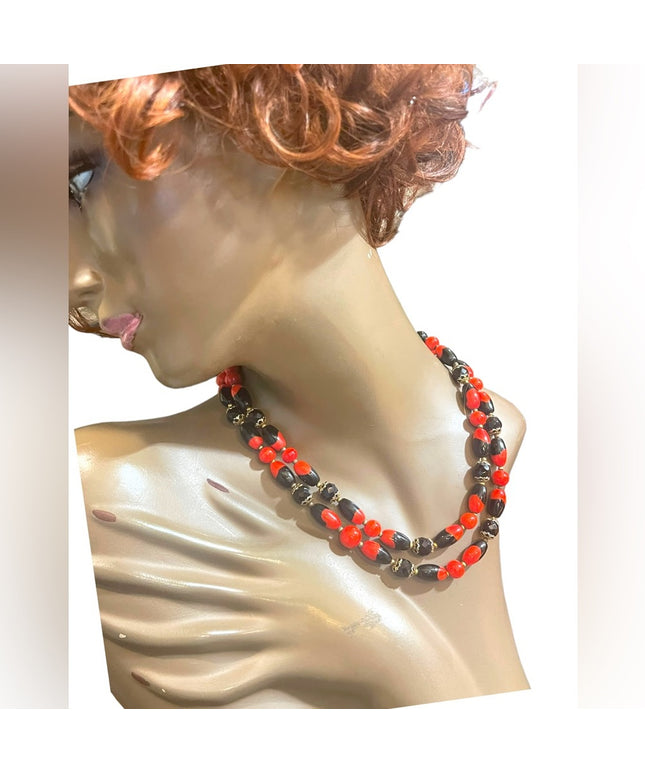 Vintage 1950s Heavy Italian Murano red black bead necklace 2 strand sterling