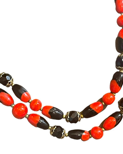 Vintage 1950s Heavy Italian Murano red black bead necklace 2 strand sterling