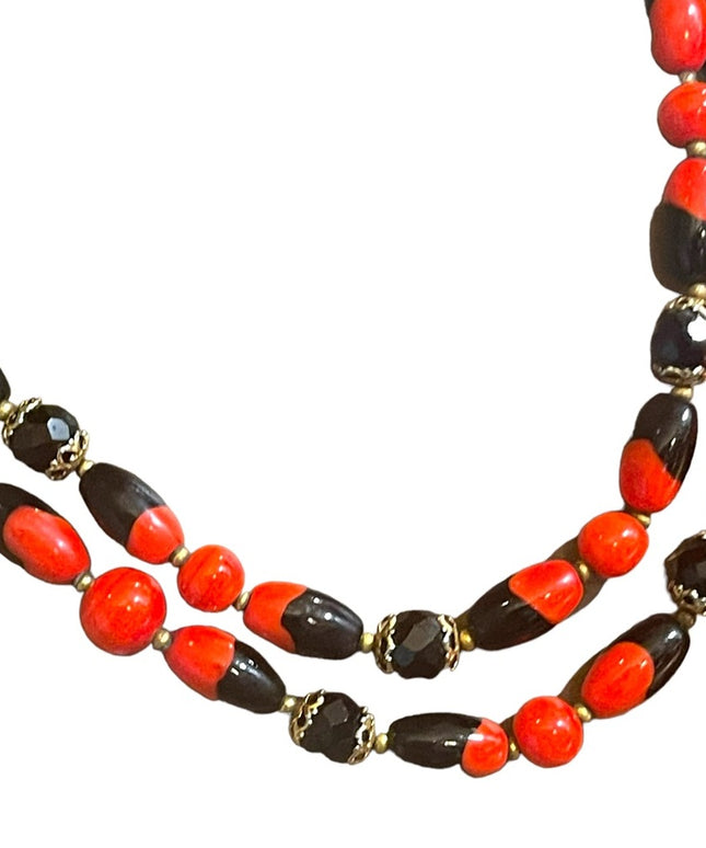 Vintage 1950s Heavy Italian Murano red black bead necklace 2 strand sterling