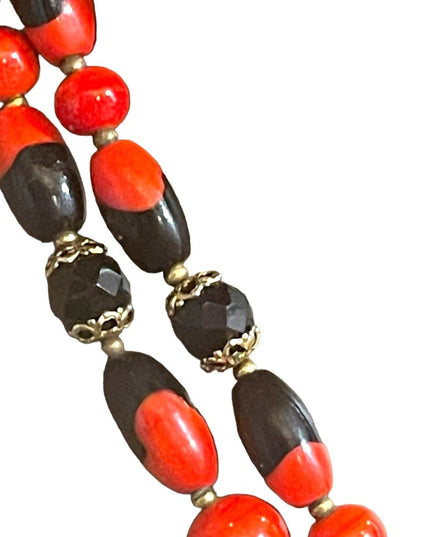 Vintage 1950s Heavy Italian Murano red black bead necklace 2 strand sterling