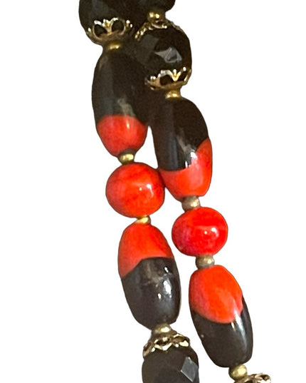 Vintage 1950s Heavy Italian Murano red black bead necklace 2 strand sterling