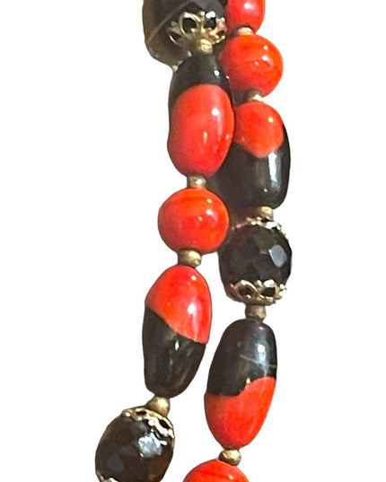 Vintage 1950s Heavy Italian Murano red black bead necklace 2 strand sterling