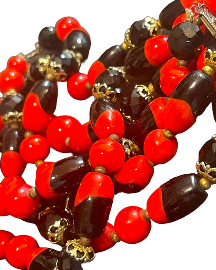 Vintage 1950s Heavy Italian Murano red black bead necklace 2 strand sterling