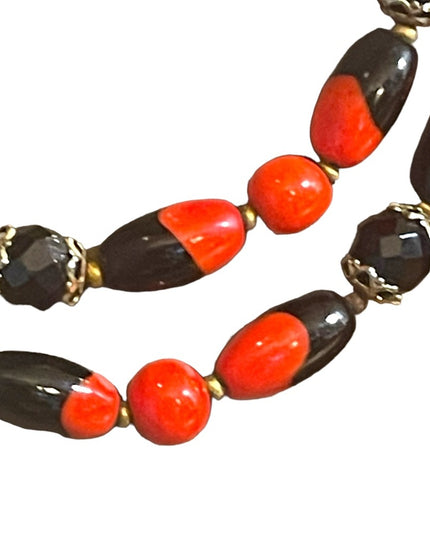 Vintage 1950s Heavy Italian Murano red black bead necklace 2 strand sterling
