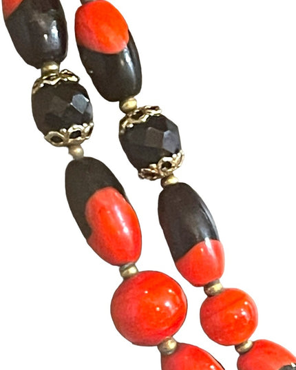 Vintage 1950s Heavy Italian Murano red black bead necklace 2 strand sterling