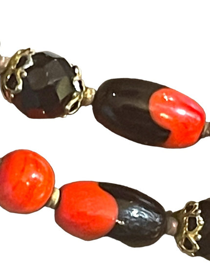 Vintage 1950s Heavy Italian Murano red black bead necklace 2 strand sterling