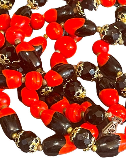 Vintage 1950s Heavy Italian Murano red black bead necklace 2 strand sterling
