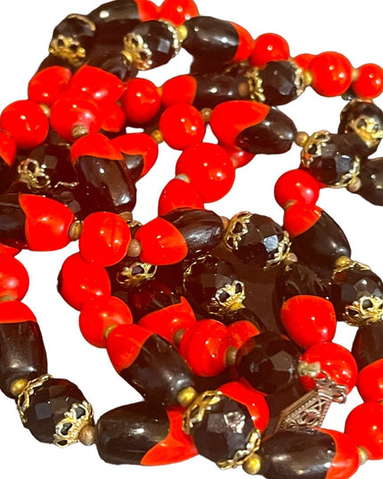Vintage 1950s Heavy Italian Murano red black bead necklace 2 strand sterling