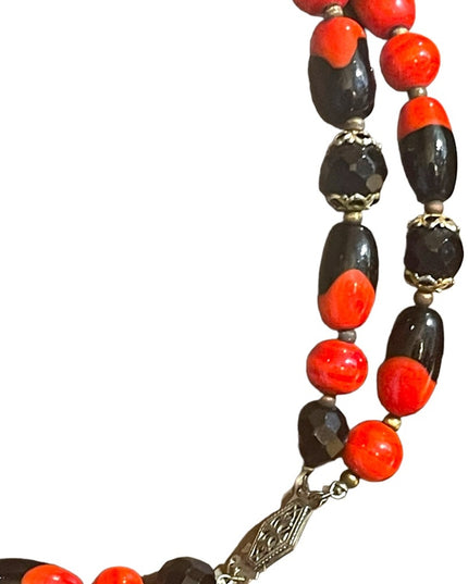 Vintage 1950s Heavy Italian Murano red black bead necklace 2 strand sterling