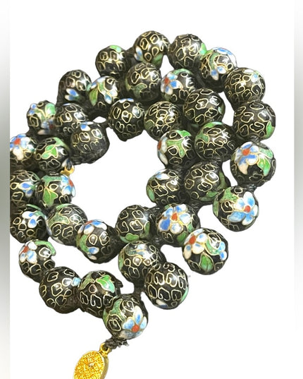 Vintage Black with blue flowers Enameled cloissone bead necklace chinese export