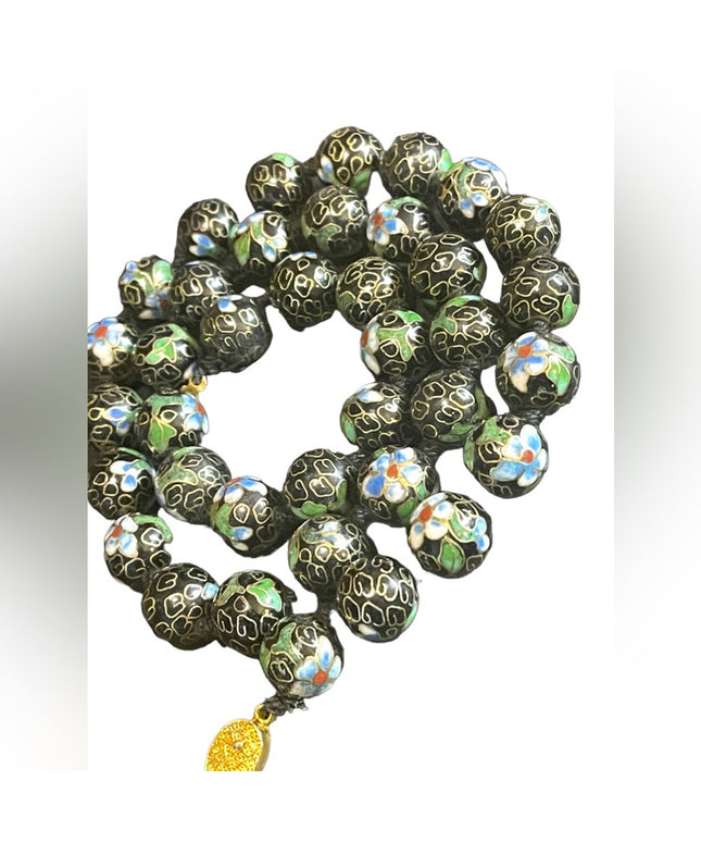 Vintage Black with blue flowers Enameled cloissone bead necklace chinese export