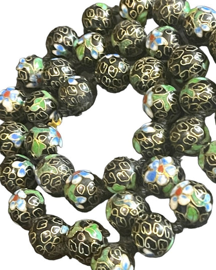 Vintage Black with blue flowers Enameled cloissone bead necklace chinese export