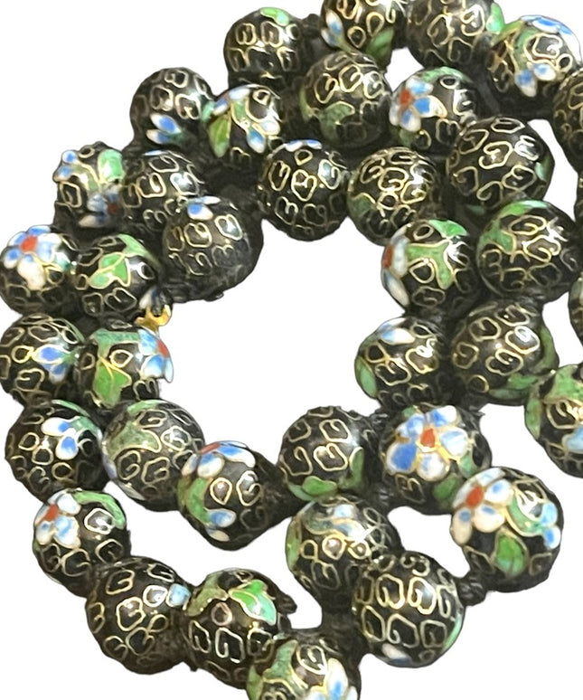 Vintage Black with blue flowers Enameled cloissone bead necklace chinese export