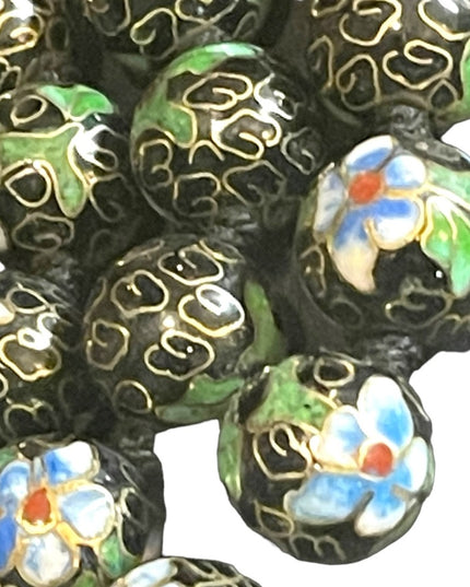 Vintage Black with blue flowers Enameled cloissone bead necklace chinese export