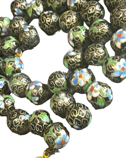 Vintage Black with blue flowers Enameled cloissone bead necklace chinese export