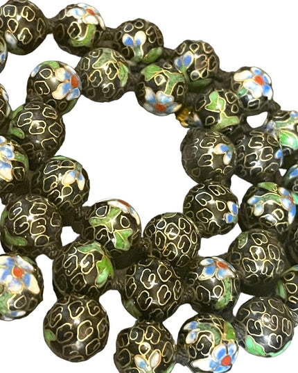 Vintage Black with blue flowers Enameled cloissone bead necklace chinese export